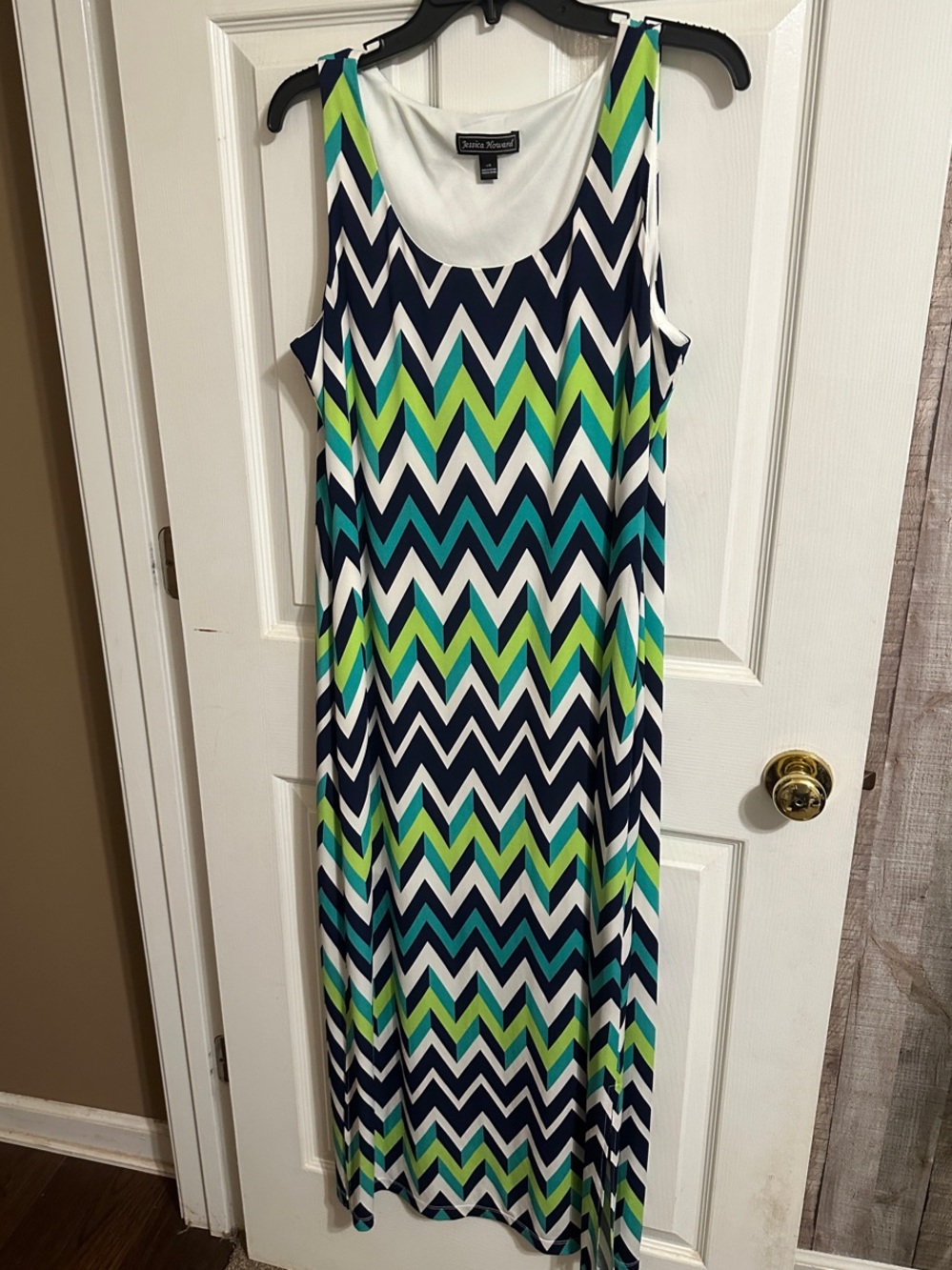 Jessica Howard Navy, White, Teal & Lime Chevron Maxi Dress